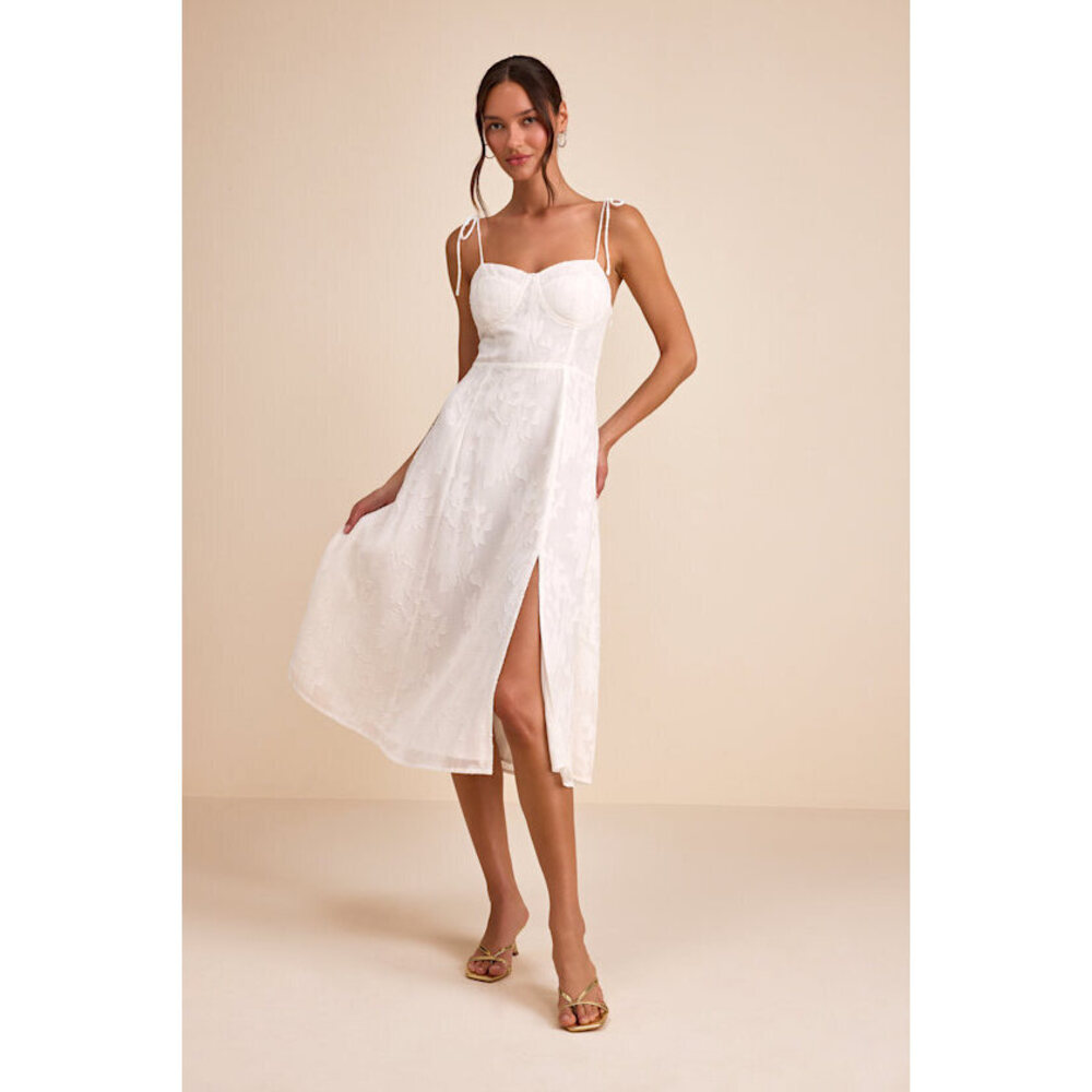 Lulus Loveliest Looks White Floral Jacquard Tie-strap Midi Dress - Size L